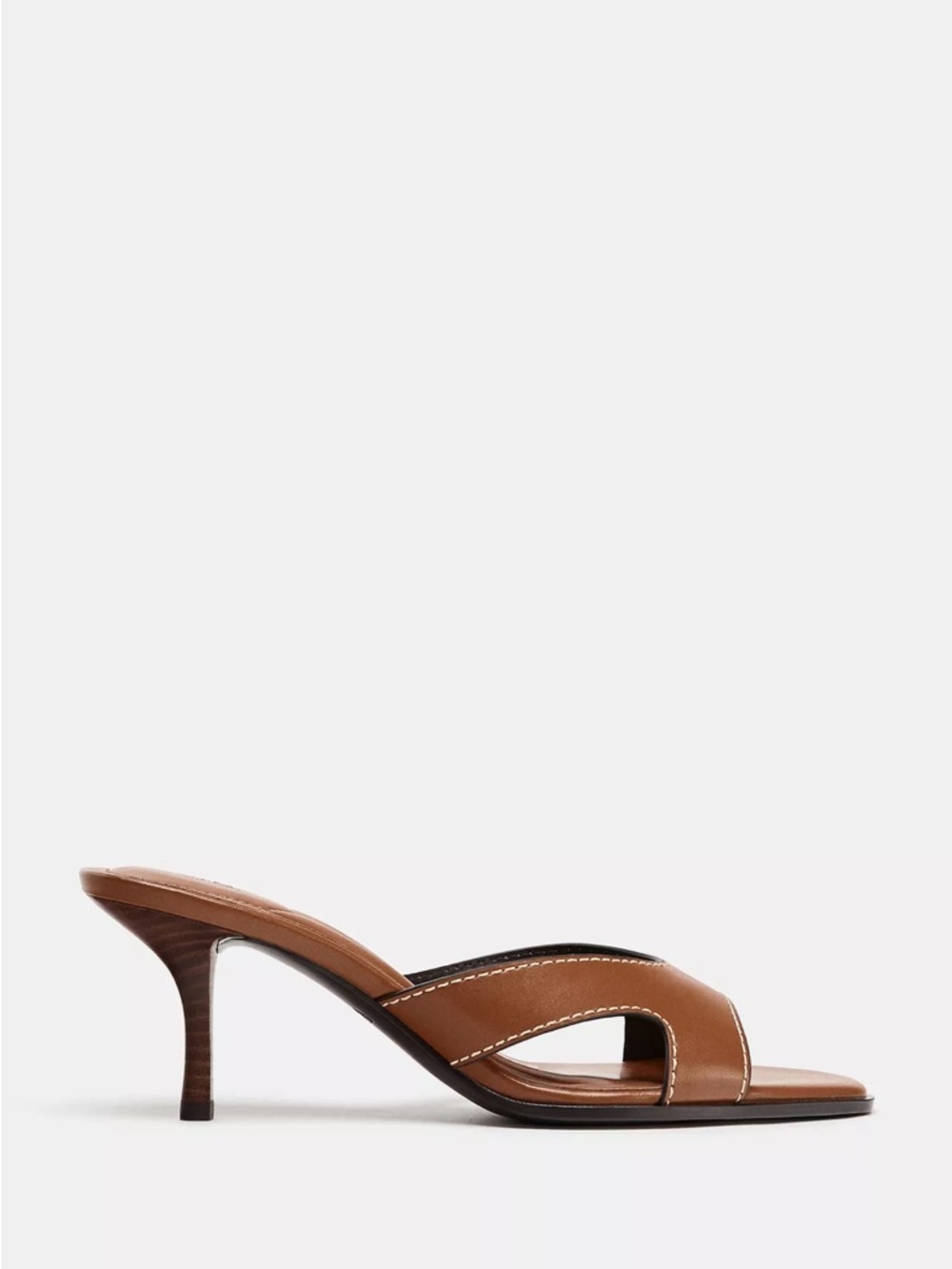 Zara Brown Leather Mid-Heel Slide Sandals